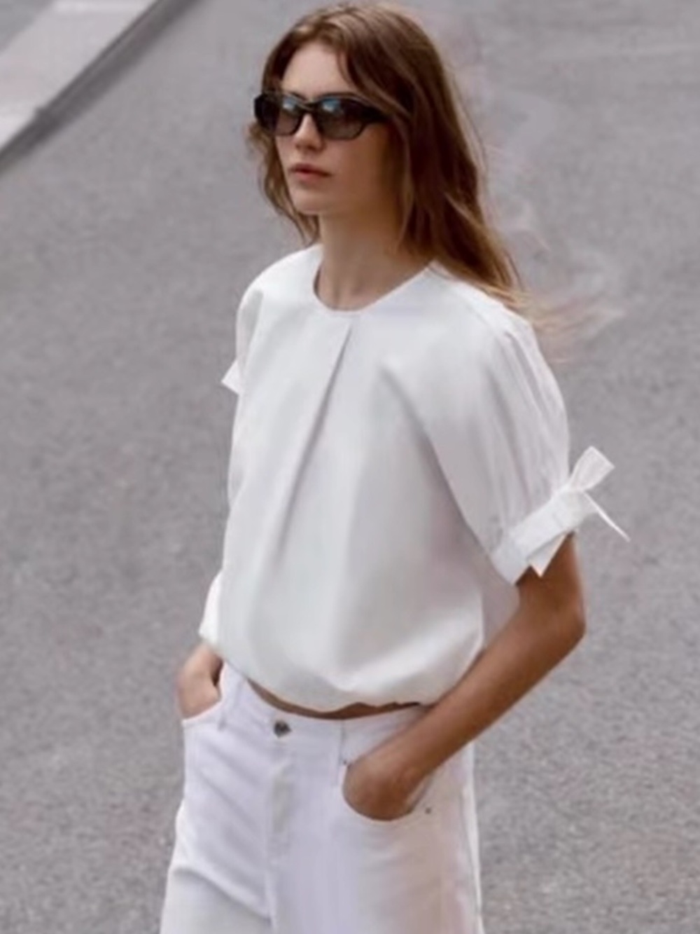 Zara White Cropped Bow-Sleeve Top